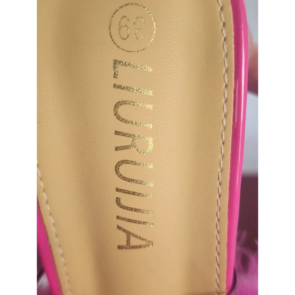 LIURUIJIA Pink Feather Platform Sandals Clear Block Heel Y2K Barbiecore Mules 39